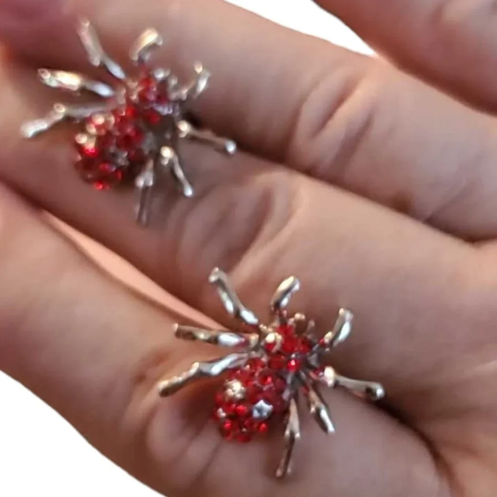 NWT Silver Plated Spider Cufflinks - Bright Red Rhinestones Halloween Gift Goth
